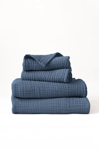 Handwoven 4-layer muslin Turkish towel set in indigo blue — VivaMaison Denizli, OEKO-TEX certified