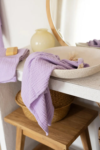 Lilac muslin face and hand towel, lightweight 4-layer Turkish cotton handwoven by VivaMaison in Denizli