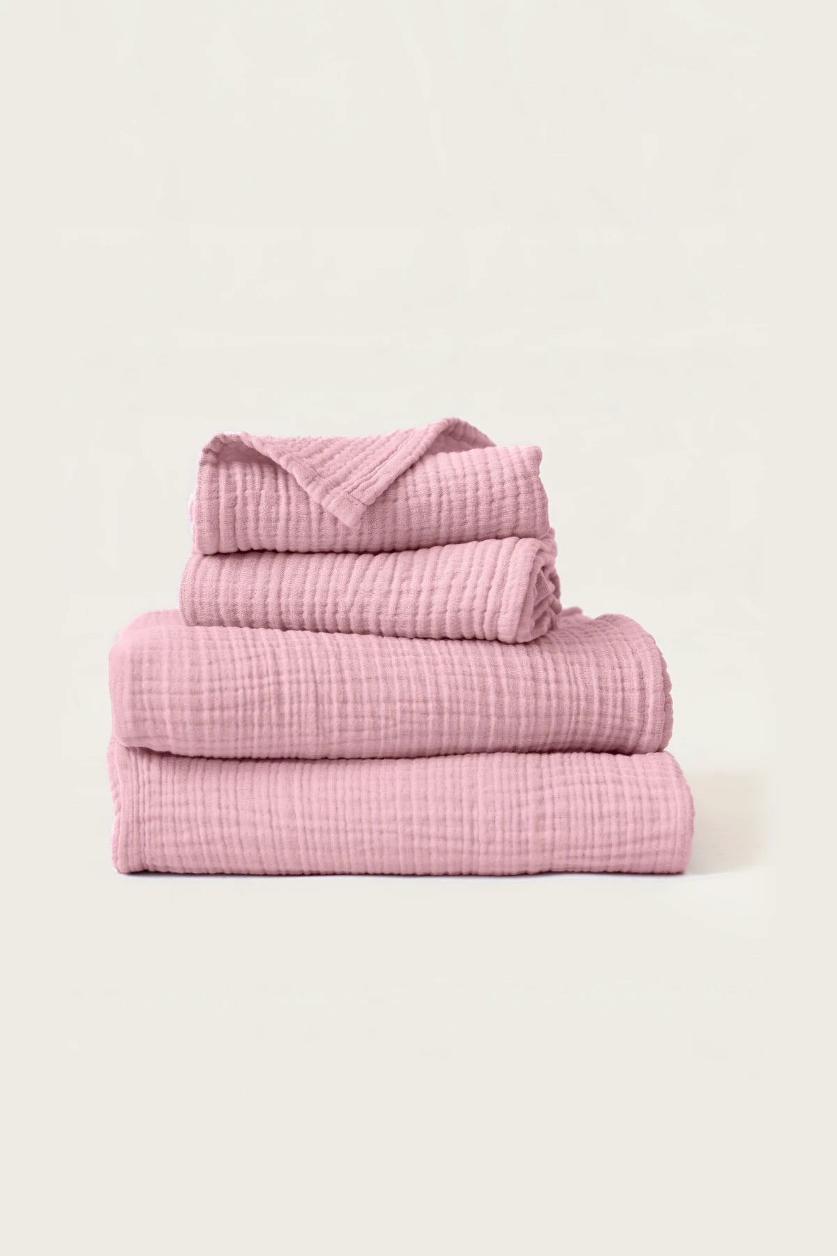 Handwoven 4-layer muslin Turkish towel set in pink — VivaMaison Denizli, OEKO-TEX certified
