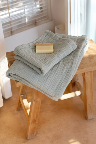 Sage green muslin face and hand towel, lightweight 4-layer Turkish cotton handwoven in Denizli