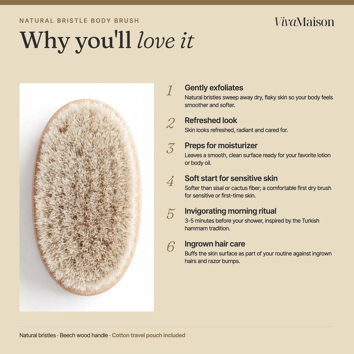 Benefits of the natural bristle dry body brush: gentle exfoliation, smooth skin, morning ritual - VivaMaison