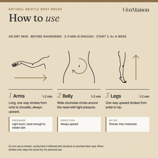How to use the dry body brush in 3 steps: dry skin, upward strokes, then shower and moisturize - VivaMaison