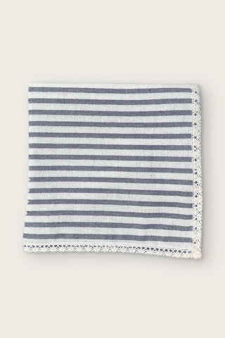 Grey handwoven striped linen tablecloth with lace trim, folded front view. Denizli, OEKO-TEX. VivaMaison