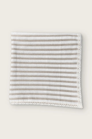 Milky Coffee handwoven striped linen tablecloth with lace trim, folded front view. Denizli, OEKO-TEX. VivaMaison