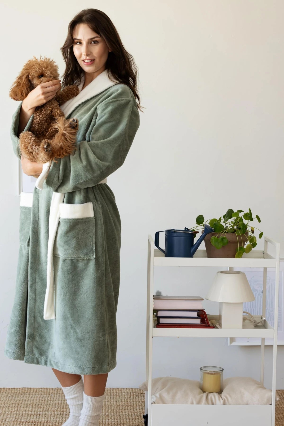 Sage Green terry-lined velvet robe, at home with a dog – VivaMaison