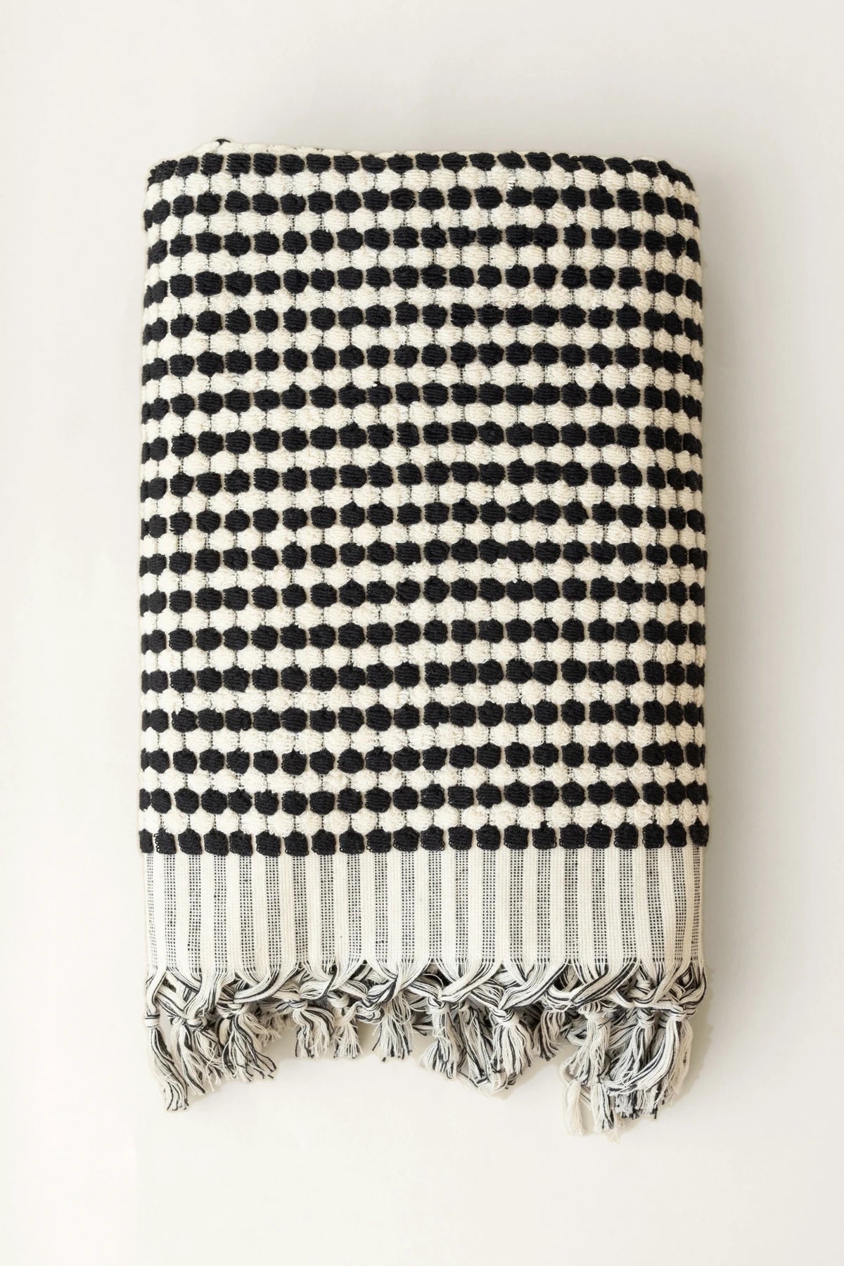 Anthracite White Turkish cotton mosaic towel folded front view with bobble texture and knotted fringe - VivaMaison