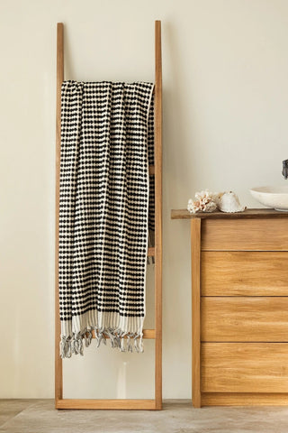 Anthracite White Turkish cotton mosaic towel hanging on a wooden ladder - VivaMaison