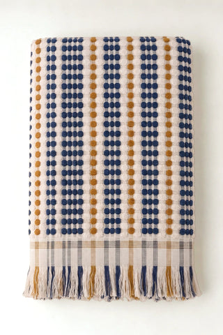 Blue Brown Turkish cotton mosaic towel folded front view with bobble texture and fringe - VivaMaison
