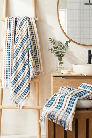 Blue Brown Turkish cotton mosaic towel hanging on a wooden ladder - VivaMaison