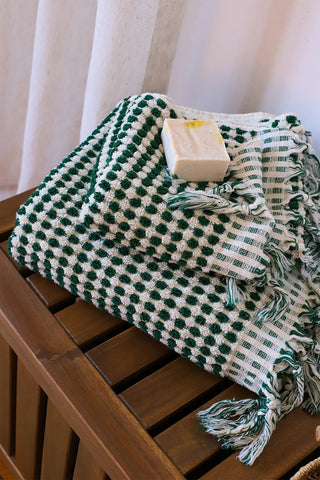 Green White Turkish cotton mosaic towel bath and hand towel stacked - VivaMaison