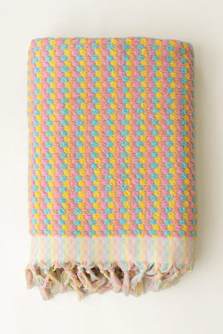 Mint Pink Turkish cotton mosaic towel folded front view with bobble texture and knotted fringe - VivaMaison