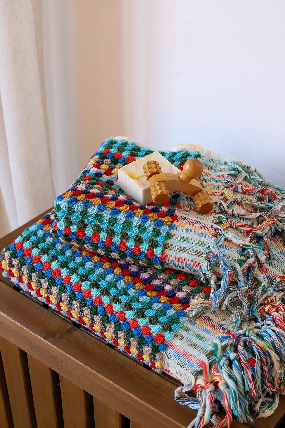 Rainbow Turkish cotton mosaic towel bath and hand towel stacked - VivaMaison