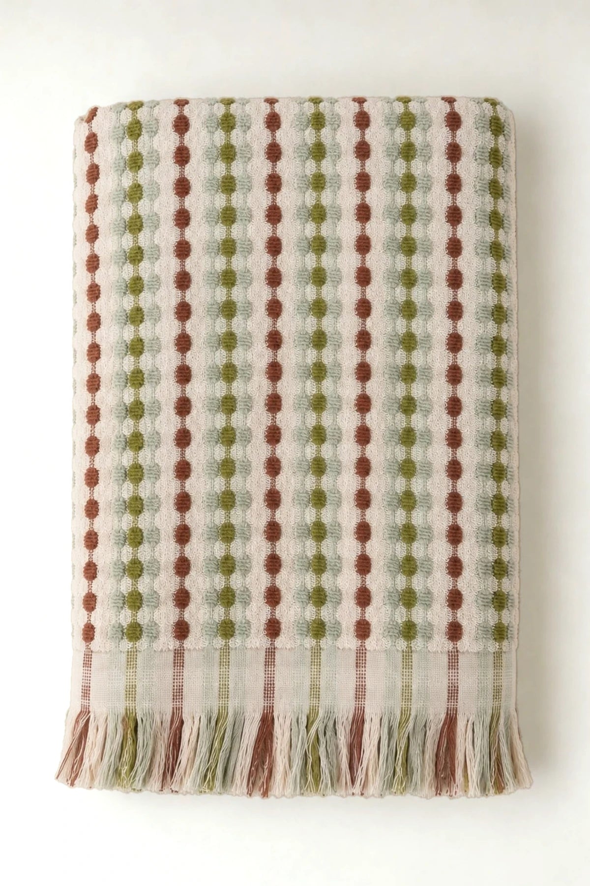 Sage Brown Turkish cotton mosaic towel folded front view with bobble texture and fringe - VivaMaison