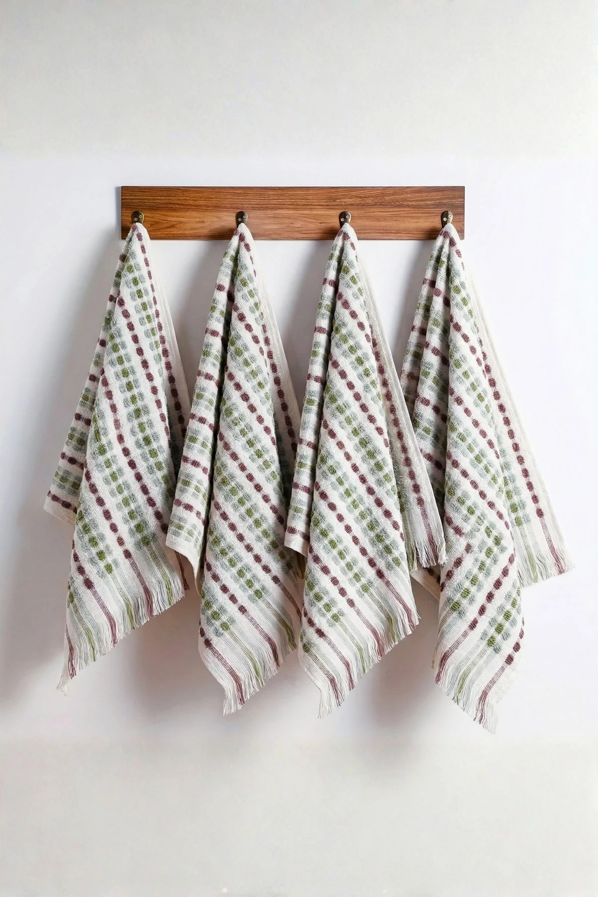 Sage Brown Turkish cotton mosaic towel hanging on wall hooks - VivaMaison