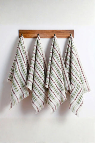 Sage Brown Turkish cotton mosaic towel hanging on wall hooks - VivaMaison
