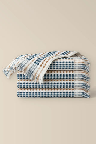 Blue Brown Turkish cotton pom pom towel folded towels stacked - VivaMaison
