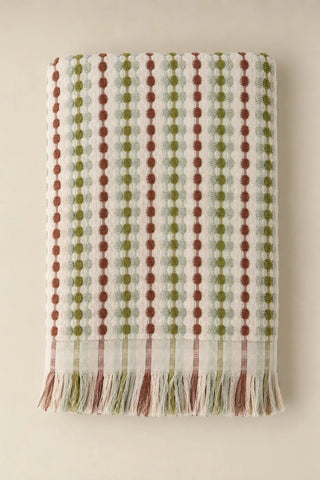 Sage Brown Turkish cotton pom pom towel folded front view with bobble texture and fringe - VivaMaison