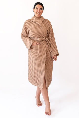 Handwoven Turkish cotton waffle hooded bathrobe in Natural - Vivamaison Denizli OEKO-TEX certified