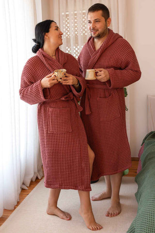 Detail of Dark Red Turkish waffle cotton bathrobe fabric by Vivamaison