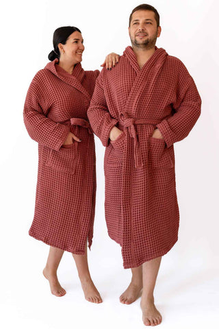 Dark Red hooded waffle bathrobe styled view - handwoven in Denizli