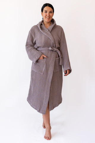 Handwoven Turkish cotton waffle hooded bathrobe in Natural - Vivamaison Denizli OEKO-TEX certified
