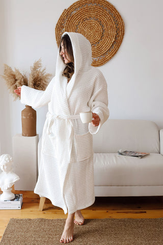 Natural hooded waffle bathrobe styled view - handwoven in Denizli