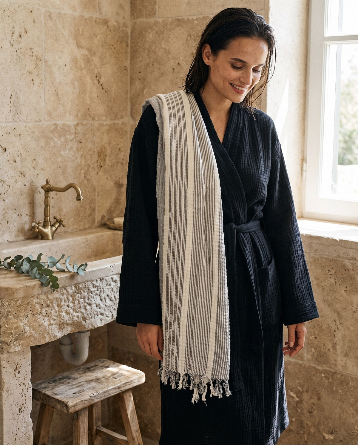Robe & Peshtemal Set: a muslin robe with a striped peshtemal