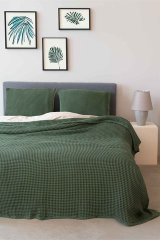 Handwoven Turkish cotton waffle weave bedspread in Dark Green - Vivamaison Denizli OEKO-TEX certified